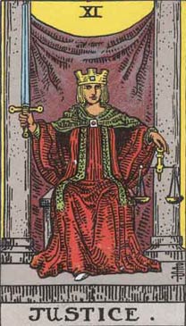 a picture of the justice card from the tarot, illustrated by Pamela Coleman Smith