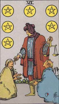 a picture of the 6 of pentacles card from the tarot, illustrated by Pamela Coleman Smith