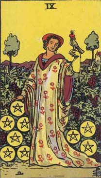 a picture of the 9 of pentacles card from the tarot, illustrated by Pamela Coleman Smith