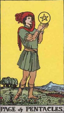a picture of the page of pentacles card from the tarot, illustrated by Pamela Coleman Smith