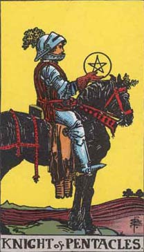 a picture of the Knight of Pentacles card from the tarot, illustrated by Pamela Coleman Smith