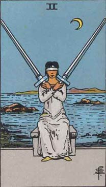 a picture of the 2 of swords card from the tarot, illustrated by Pamela Coleman Smith