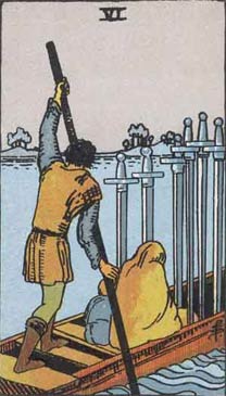 a picture of the 6 of swords card from the tarot, illustrated by Pamela Coleman Smith