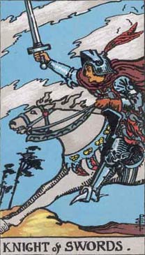 a picture of the Knight of Swords card from the tarot, illustrated by Pamela Coleman Smith