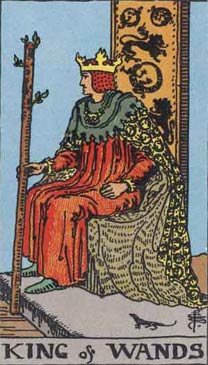 a picture of the king of wands card from the tarot, illustrated by Pamela Coleman Smith
